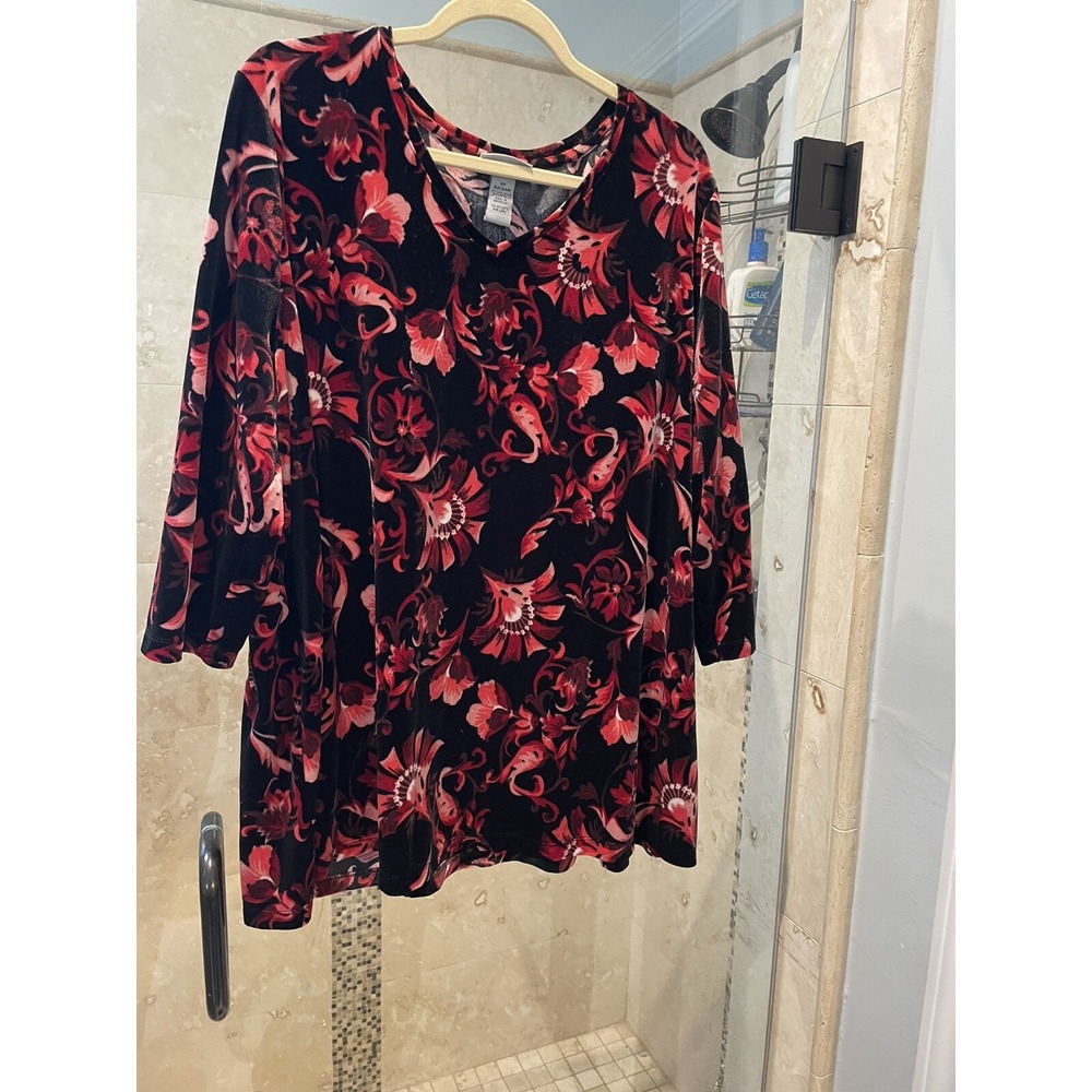 Catherine's 2X Women Red/Black Floral Stretch Velvet Tunic Top 3/4 Sleeve V-Neck
